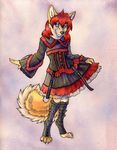  anthro blue_eyes canine claws clothing corsac_fox cute dress female fox hair kitsune_suzzo lacing leggings legwear looking_at_viewer mammal plain_background pose red_hair ruaidri smile solo standing whiskers white_background x_25 