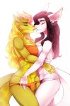  2018 5_fingers anthro black_hair blonde_hair breasts canine clothed clothing digital_media_(artwork) duo eyes_closed female hair hybrid kissing kristiana_puff mammal midriff navel simple_background smile standing white_background 