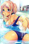  absurdres all_fours blue_eyes blush highres holding_hands looking_back off_shoulder pink_hair pov saliva school_swimsuit shiny shiny_skin strap_slip submerged swimsuit tan tanline twintails umitama_(umita_mako) 