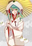  green_eyes green_hair hatsune_miku hood japanese_clothes jeanyei kimono leaf long_hair open_mouth oriental_umbrella snow_bunny snowflakes solo uchikake umbrella vocaloid yuki_miku 