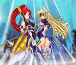  armor armored_dress ass back back_cutout bare_shoulders blade blazblue blazblue:_chronophantasma blonde_hair blue_eyes blue_leotard boots breasts crotch_plate detached_sleeves forehead_protector hair_ornament hair_tubes holding_hands interlocked_fingers izayoi_(blazblue) large_breasts leotard long_hair mecha_musume mu-12 multiple_girls orange_eyes ponytail red_hair seraphina thigh_boots thighhighs thong_leotard very_long_hair 