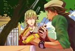  barnaby_brooks_jr blonde_hair bracelet brown_hair drinking facial_hair glasses green_eyes highres hot_dog jacket jewelry kaburagi_t_kotetsu multiple_boys necklace pmppn red_jacket soda stubble tiger_&amp;_bunny vest waistcoat watch wristwatch 