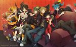  4girls aa_shirotakabu animal_ears bad_id bad_pixiv_id bandages bat_wings black_hair blonde_hair brown_hair bunny_ears candy cape choker cookie couch crown dress ene_(kagerou_project) food gingerbread_house green_hair grin halloween hood hoodie kagerou_project kano_shuuya kido_tsubomi kisaragi_momo kisaragi_shintarou kozakura_marry long_hair multiple_boys multiple_girls seto_kousuke short_hair smile twintails wings 