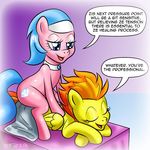  aloe_(mlp) blue_eyes blue_hair cutie_mark dialog duo english_text equine eyes_closed female feral friendship_is_magic fur hair horse mammal massage my_little_pony open_mouth pegasus pink_fur pluckyninja pony spitfire_(mlp) text timber_(artist) towel wings wonderbolts_(mlp) yellow_feathers yellow_fur 