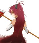  beni_shouga bow hair_bow long_hair looking_back magical_girl mahou_shoujo_madoka_magica ponytail red_eyes red_hair sakura_kyouko simple_background solo weapon white_background 