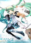  bad_id bad_pixiv_id boots cat detached_sleeves green_eyes green_hair hatsune_miku long_hair necktie skirt solo thigh_boots thighhighs twintails very_long_hair vocaloid yazawan 
