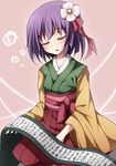  :o creta_(taku10) flower hair_flower hair_ornament head_tilt hieda_no_akyuu japanese_clothes kimono obi pink_background purple_hair sash scroll short_hair sleeping solo touhou wide_sleeves 