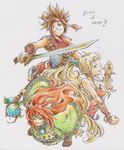  1girl 1other androgynous bare_shoulders blonde_hair blue_eyes brown_hair capelet facepaint feathers green_eyes hair_feathers headband kui_(morikui) long_hair marker_(medium) pointy_ears ponytail popoi primm randi red_hair seiken_densetsu seiken_densetsu_2 smile spiked_hair staff sword traditional_media tunic vambraces weapon 