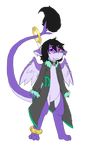  ambiguous_gender black_hair body_modification bottomless chromomania clothed clothing collar dragon gem hair half-dressed heterochromia horn jacket jewel long_tail piercing plain_background purple_body ring smile standing transparent_background wings 