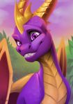  2018 day digital_media_(artwork) dragon fefairy feral horn male membranous_wings outside purple_scales scales scalie sky smile solo spines spyro spyro_the_dragon teeth video_games western_dragon wings 
