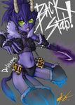  cropped_jacket defense_of_the_ancients demon_girl exaxuxer explosive fang fingerless_gloves fingernails fur_trim genderswap genderswap_(mtf) gloves green_eyes grenade grey_background horns midriff navel open_mouth purple_hair purple_skin rikimaru_(dota) ringed_eyes sharp_fingernails signature solo tail thighhighs weapon 