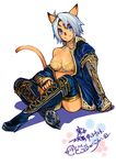  animal_ears blue_eyes boots bra breasts cat_ears collar doraeshi facial_mark final_fantasy final_fantasy_xi high_heels highres medium_breasts mithra off_shoulder shoes smile solo tail thigh_boots thighhighs underwear white_hair 