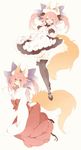  animal_ears apron bow dual_persona fate/extra fate_(series) fox_ears fox_tail hair_bow hair_ribbon japanese_clothes maid maid_headdress miko multiple_girls ribbon tail tamamo_(fate)_(all) tamamo_no_mae_(fate) thighhighs tsumi_guilty twintails yellow_eyes 