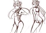  adjusting_clothes adjusting_swimsuit antlers c_(control) flat_chest flower hair_flower hair_ornament horns long_hair mashu_(control) monochrome one-piece_swimsuit panties_(pantsu-pirate) smile solo swimsuit 