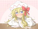  blonde_hair blue_eyes blush bow hat hat_bow lily_white long_hair long_sleeves looking_at_viewer nobamo_pieruda solo touhou waking_up wide_sleeves 