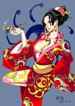  1girl amazon black_hair blue_eyes boa_hancock breasts cleavage earrings hair_ornament hair_up hebi_utage japanese_clothes jewelry large_breasts leg_lift long_hair long_sleeves looking_at_viewer one_piece shichibukai sleeves snake solo tattoo wink 