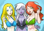  bikini blonde_hair blue_eyes breasts cleavage clothed clothing cyan_eyes dark_elf dota dota_2 drow elf female hair lipstick looking_at_viewer lyralei lyralei_the_windranger lyralei_the_windrunner makeup one_eye_closed peace_sign pointy_ears purple_skin red_hair rylai_crestfall rylai_the_crystal_maiden smile swimsuit tight_clothing traxex traxex_the_drow_ranger v_sign white_hair wink 