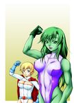  2girls akutanoe belt blonde_hair blue_eyes breasts cape cleavage crossover dc_comics fingerless_gloves gloves green_eyes green_hair green_skin highres kryptonian leotard lipstick long_hair makeup marvel multiple_girls open_mouth power_girl she-hulk short_hair 