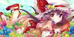  bat_wings bird dress flower grass guitar hat ichihaya instrument lying pointy_ears purple_eyes purple_hair remilia_scarlet ribbon short_hair smile solo touhou wings 