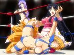  animal_ears anime_coloring black_eyes black_hair blonde_hair blue_eyes blush borrowed_design braid breasts flexible fox_ears fox_tail hat holding houraisan_kaguya large_breasts long_hair multiple_girls noppo-san purple_hair ryona submission_hold sweat tail thighhighs touhou wrestling wrestling_outfit wrestling_ring yagokoro_eirin yakumo_ran yellow_eyes 