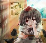  :o bird black_hair blouse blue_sky bookshelf bow crow day hat head_rest light_rays looking_at_viewer newspaper pencil puffy_short_sleeves puffy_sleeves red_eyes shaded_face shameimaru_aya short_hair short_sleeves sky solo sunbeam sunlight table tokin_hat touhou tree tsukiori_sasa window 