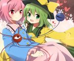  blush green_eyes green_hair hairband hat hat_ribbon heart komeiji_koishi komeiji_satori long_sleeves multiple_girls open_mouth pink_eyes pink_hair pink_skirt ribbon saibi short_hair siblings silver_hair sisters skirt smile third_eye touhou 