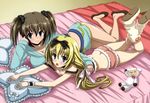  :o absurdres bed blonde_hair blue_eyes blush boots bow breasts brown_hair butt_crack casual choker cleavage frilled_pillow frills hair_bow highres hood hoodie large_breasts legs long_hair looking_at_viewer loungewear lying multiple_girls no_socks non-web_source nyantype official_art on_side on_stomach open_mouth pillow ponytail scan scrunchie seitokai_no_ichizon shiina_mafuyu shiina_minatsu short_hair short_twintails shorts siblings sisters small_breasts smile strap_slip stuffed_animal stuffed_toy twintails umetsu_yukinori wrist_cuffs 