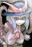  ascot bad_id bad_pixiv_id black_background bow breasts cong1991 faux_traditional_media frills hat hat_bow hat_ribbon large_breasts lavender_hair leaning_forward looking_at_viewer nagae_iku pale_skin pink_eyes ribbon short_hair solo staring touhou 