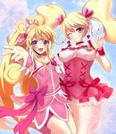  :d \m/ aida_mana avy417 bad_id bad_pixiv_id bike_shorts blonde_hair blue_background bow choker color_connection corset cure_heart cure_peach curly_hair dokidoki!_precure eyelashes fresh_precure! frills hair_ornament hairpin half_updo heart heart_hair_ornament long_hair magical_girl miniskirt momozono_love multiple_girls one_eye_closed open_mouth outstretched_hand pink_bow pink_choker pink_eyes pink_sleeves ponytail precure ribbon shorts shorts_under_skirt skirt smile twintails wrist_cuffs 