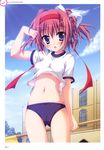  absurdres blue_eyes breasts buruma cameltoe endou_saya_(kisaragi_gold_star) gym_uniform headband highres kisaragi_gold_star medium_breasts moribe_(rabumanyo) navel no_bra panties panty_peek pink_panties red_hair shirt_lift underboob underwear 