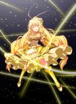  :d black_background blonde_hair boots breasts dress drill_hair frills gradient gradient_background hair_ornament kaneda_mitsuko light_particles long_hair medium_breasts open_mouth ribbon smile solo very_long_hair vividred_operation vividyellow yellow_eyes 