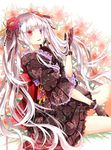  animal_print butterfly_print flower gloves hair_flower hair_ornament hair_stick heterochromia long_hair nekozuki_yuki original purple_eyes red_eyes skirt smile solo twintails very_long_hair white_hair 