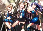  blue_hair blush brown_eyes brown_hair dress futami_mami hagiwara_yukiho idolmaster idolmaster_(classic) kisaragi_chihaya kokotetsu long_hair microphone multiple_girls music one_eye_closed open_mouth short_hair singing skirt smile stage 