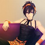  bare_shoulders belt black_hair chimachi choker headband jojo_no_kimyou_na_bouken male_focus narancia_ghirga polka_dot polka_dot_background purple_eyes solo vento_aureo 