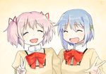  ^_^ bad_id bad_pixiv_id blue_hair closed_eyes hair_ornament hair_ribbon hairclip happy kaname_madoka mahou_shoujo_madoka_magica miki_sayaka multiple_girls pink_hair ribbon short_hair short_twintails twintails v yoplait 