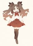  black_legwear blue_eyes brown_hair child fate/zero fate_(series) hair_ribbon loafers long_hair ribbon shoes solo thighhighs toosaka_rin tsumi_guilty twintails younger 