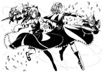  alice_margatroid ascot bow capelet detached_sleeves greyscale hair_bow hair_tubes hairband hakurei_reimu knight lance mary_janes monochrome multiple_girls polearm puppet_rings puppet_strings shield shoes short_hair skirt t-asama touhou weapon 