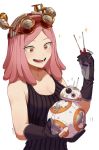  1girl bb-8 blush boku_no_hero_academia crosshair_pupils crossover eyebrows_visible_through_hair gloves goggles goggles_on_head hatsume_mei headgear open_mouth pink_hair robot simple_background smile star_wars tank_top tools white_background yellow_eyes 