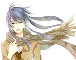  blue_eyes blue_hair d.gray-man kanda_yuu long_hair maki_(lovyu) male_focus scarf simple_background smile solo white_background 