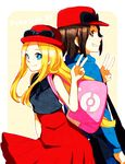  1girl artist_name back-to-back bad_id bad_pixiv_id bare_shoulders baseball_cap blonde_hair blue_eyes brown_hair calme_(pokemon) copyright_name goggles grin hat kei-chan_(atlas_kei) long_hair looking_at_viewer parted_lips pokemon pokemon_(game) pokemon_xy serena_(pokemon) skirt smile v 