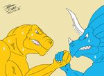  arm_wrestling biceps blue_eyes claws clenched_teeth dinosaur extreme_dinosaurs fangs grey_eyes horn male maxime-jeanne muscles pecs reptile scalie spike_(extreme_dinosaurs) sweat t-bone_(extreme_dinosaurs) teeth triceratops tyrannosaurus_rex vein 