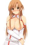  asuna_(sao) bare_shoulders belt blush breasts brown_eyes brown_hair cleavage detached_sleeves large_breasts long_hair looking_at_viewer nipples simple_background solo sweat sword_art_online translated wavy_mouth white_background zekkyon 