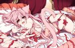  :3 animal_ears ass bed blush body_blush bow breasts canopy_bed cat_ears cat_tail comomo_(tk) foreshortening frills garter_belt large_breasts lingerie long_hair looking_at_viewer lying on_stomach original outstretched_hand pillow pillow_hug pink_eyes pink_hair pink_legwear reaching ribbon sideboob smile solo striped striped_legwear tail takatsuki_ichi thighhighs underwear vertical-striped_legwear vertical_stripes very_long_hair wrist_cuffs 
