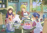  apron bad_id bad_pixiv_id baking blonde_hair brown_hair cake can chair cooking cream cup food head_scarf long_hair milk_carton mixing mixing_bowl multiple_girls original pastry_bag plant potted_plant purple_eyes sleeves_pushed_up sleeves_rolled_up table teacup teapot yellow_eyes yoropa 
