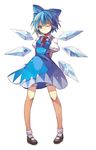  ;&lt; arms_behind_back bloomers blue_bow blue_dress blue_eyes blue_hair bobby_socks bow cirno dress full_body hair_bow mary_janes neck_ribbon one_eye_closed pigeon-toed puffy_short_sleeves puffy_sleeves red_ribbon ribbon shoes short_hair short_sleeves simple_background socks solo standing touhou underwear white_background white_legwear wings yayin_(yayin233) 