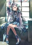  aqua_eyes blue_skirt cropped_jacket eihi grey_hair hair_ornament high_heels long_hair long_sleeves original polearm ribbon shoes sitting skirt sleeves_past_wrists solo spear two_side_up very_long_hair weapon wide_sleeves window 