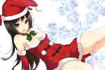  :d bare_shoulders bell bell_collar bow breasts brown_hair cleavage collar detached_sleeves fur_trim hat medium_breasts okino_ryuuto open_mouth original red_eyes santa_costume santa_hat smile snowflakes solo 