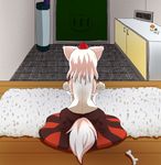  animal_ears bone cabinet carpet clock commentary_request contemporary detached_sleeves doorway from_behind hat interior inubashiri_momiji mouse_(computer) mushroom pom_pom_(clothes) seiza short_hair sitting skirt solo tail tile_floor tiles tochinoko tokin_hat touhou waiting white_hair wolf_ears wolf_tail wooden_floor 