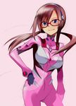  blue_eyes bodysuit breasts brown_hair glasses hair_ornament hairband kurose_kousuke long_hair makinami_mari_illustrious medium_breasts neon_genesis_evangelion pink_bodysuit plugsuit rebuild_of_evangelion smile solo twintails 