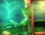  cloud dress flower full_moon grass green_dress green_eyes green_hair hat lightning long_sleeves moon open_hand rock runo_(hachu) short_hair sitting soga_no_tojiko solo tate_eboshi touhou veranda 